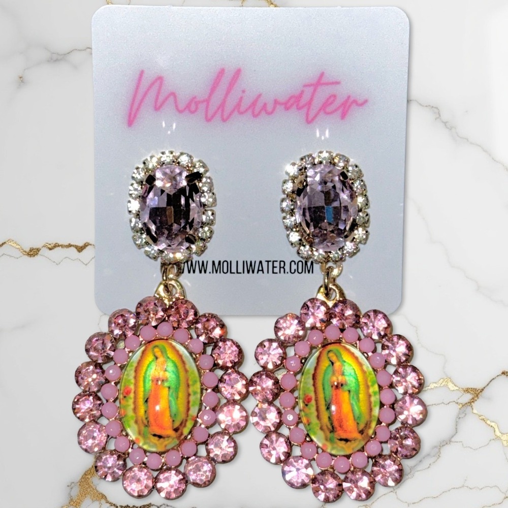 New Beautiful Virgin Mary Rhinestone Pink Dangle Earrings Virgen de Guadalupe